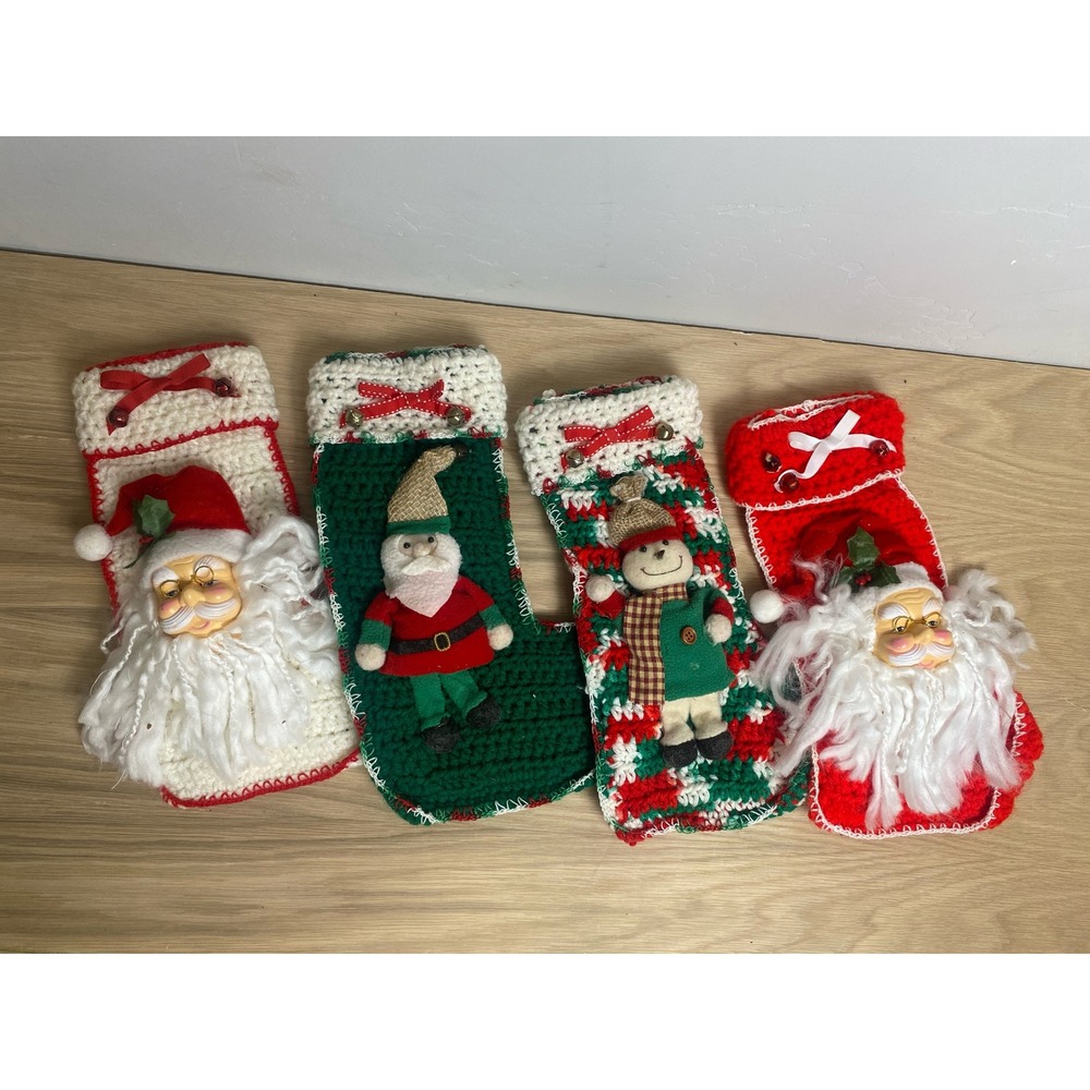 Vintage Crochet Christmas Stockings Set of 4 Santa Elf Snowman Handmade Kitschy